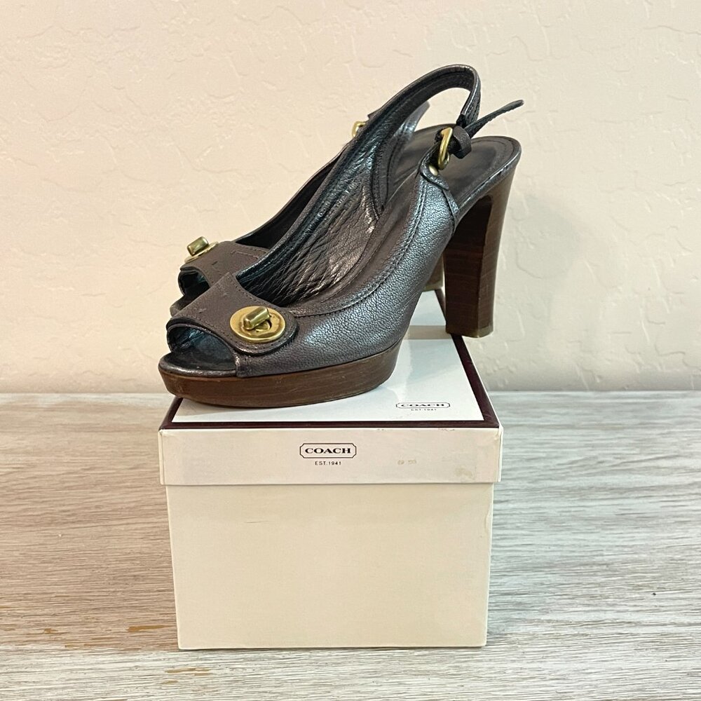Coach Kiera Platform Heels Peeptoe Slingback Metallic Pewter Gunmetal 6.5